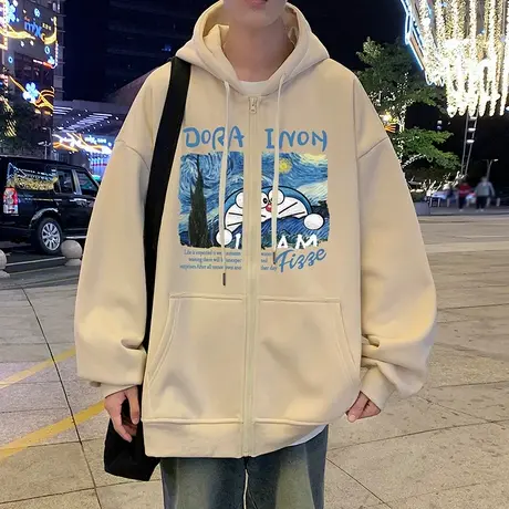 港风潮牌卫衣男春秋季情侣重磅宽松男生连帽拉链开衫oversize外套图片