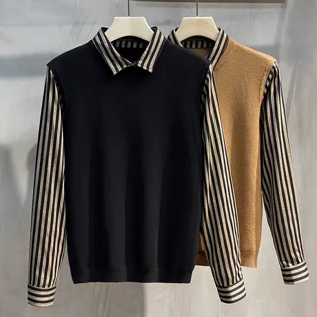 2023年秋冬新款假两件毛衣男衬衫领针织韩版潮流加厚加绒打底上衣图片