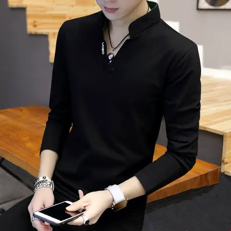 春装2025潮流新款短袖男t恤 潮牌V领棉感韩版秋衣长袖立领上衣服商品大图