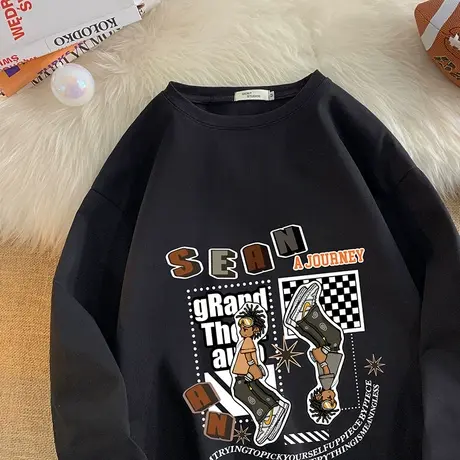 纯棉t恤男士夏季薄款港风宽松上衣服男生潮牌卡通印花长袖打底衫商品大图