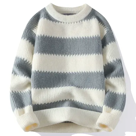 条纹圆领毛衣男秋冬季新款加厚保暖套头线衣潮牌慵懒风打底针织衫商品大图