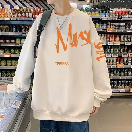 潮牌宽松无帽圆领卫衣男春秋季ins美式打底衫港风上衣服小众长袖T商品大图