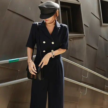 夏新款连体裤女韩版西装领双排扣短袖宽松大码时尚阔腿裤休闲长裤图片