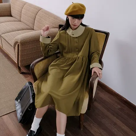 omont蛋挞家 复古翻领古着感长袖连衣裙女早秋新款中长款收腰裙子图片