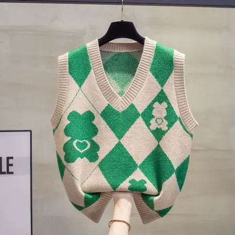 菱形v领针织马甲背心女2023秋装新款宽松外穿马夹叠穿毛衣坎肩潮商品大图