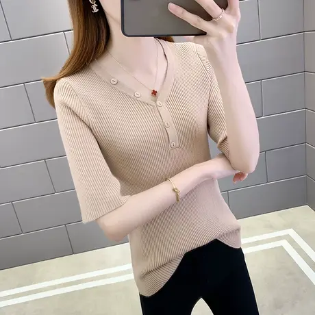 春装2024年新款v领短袖针织衫半袖t恤女修身紧身五分袖打底衫上衣图片