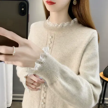 2023年秋冬新款蕾丝半高领毛衣打底衫女套头洋气钉珠针织衫上衣女图片