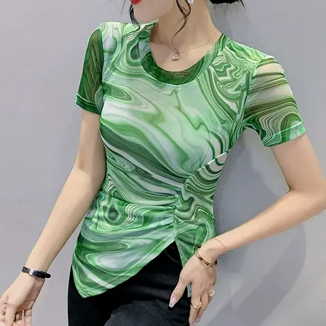 不规则开叉褶皱T恤女短袖夏季欧货扎染印花性感网纱上衣设计感ins图片