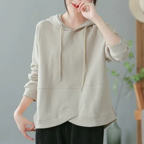 dza 复古宽松纯色全棉连帽卫衣女春秋新款不规则上衣短款长袖外套图片