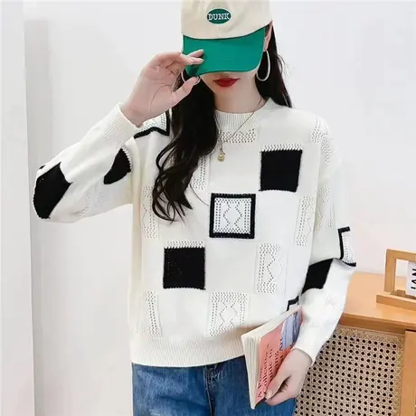 秋冬女士毛衣圆领新款针织衫韩版宽松打底衫套头格子女毛衣秋冬装图片