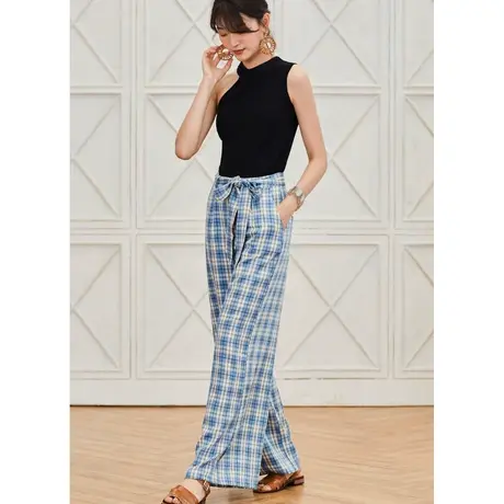 弥古蓝色格子裤裙女夏季雪纺阔腿裤薄款宽松直筒裤拖地裤休闲长裤图片