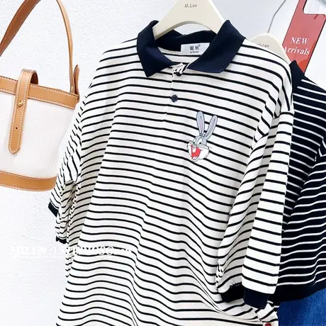 chic复古港风中长款T恤2023夏款韩国东大门兔子印花Polo领连衣裙图片