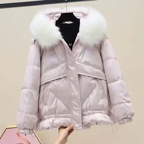 2023年新款冬大毛领羽绒棉服女短款亮面炫彩镭射宽松加厚棉衣外套图片