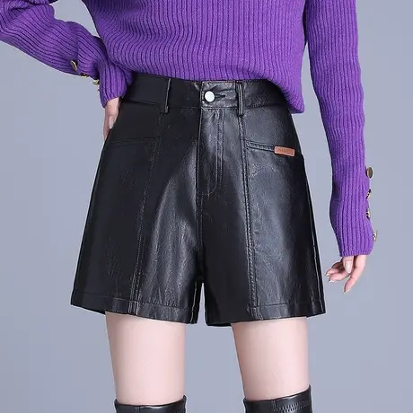 黑色皮短裤女秋冬2023新款高腰宽松a字阔腿裤显瘦百搭休闲靴裤子图片