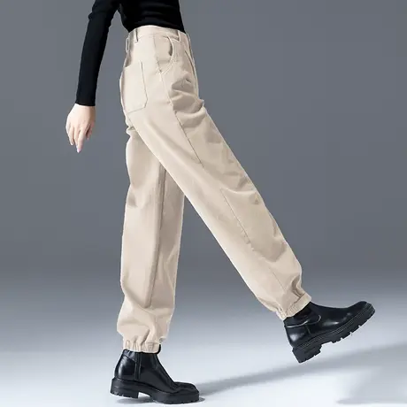 浅卡其色裤子女2024新款秋冬大码女裤休闲哈伦裤运动裤加绒工装裤商品大图