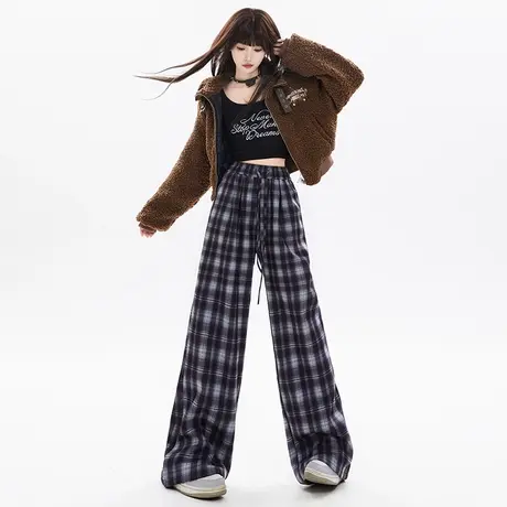 抽绳复古黑白格子裤子女休闲垂坠感宽松拖地直筒裤高腰阔腿裤春秋图片