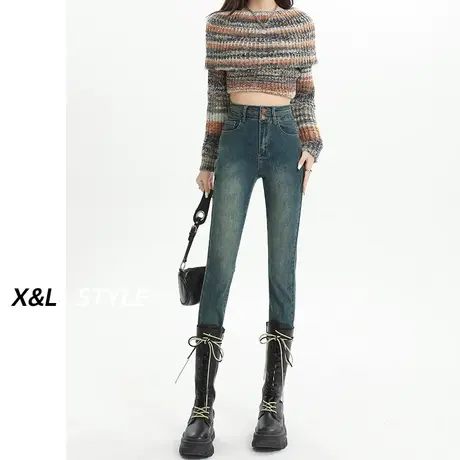 复古高腰牛仔裤女秋冬季2023年新款显瘦修身铅笔紧身弹力小脚裤子图片