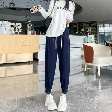 深蓝色高腰牛仔裤女2024年春秋新款高腰宽松显瘦松紧腰萝卜哈伦裤商品大图