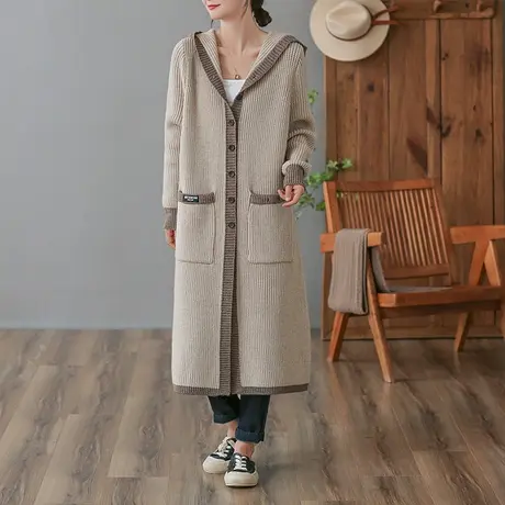 dza 中长款宽松粗棉线连帽毛衣外套女士春秋休闲气质外穿针织开衫图片