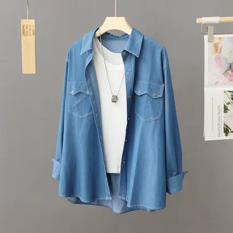 中长款牛仔衬衫女外套2024新款春秋季衬衣外穿上衣设计感小众开衫商品大图