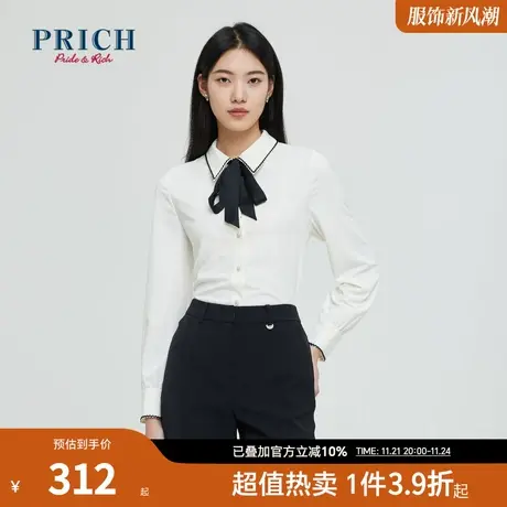【商场同款】PRICH春秋新款翻领洋气蝴蝶结衬衫长袖上衣女商品大图