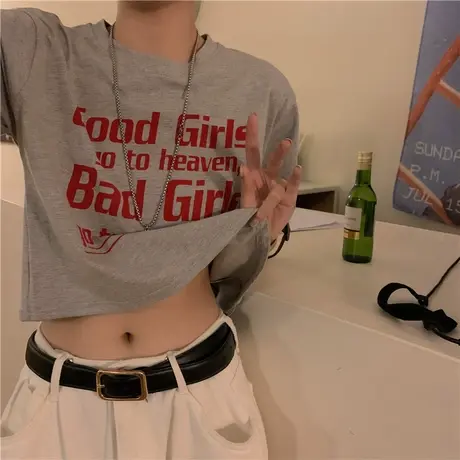 纯棉短袖t恤女2021夏季宽松韩版ins设计感小众短款高腰露脐上衣服商品大图