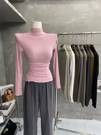 奶油粉～韩式半高领打底长袖T恤女螺纹修身显瘦内搭上衣2024秋冬商品大图
