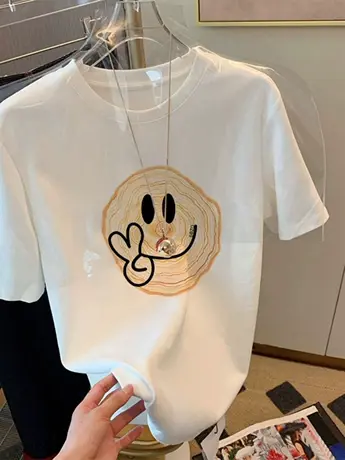 白色仿棉短袖t恤女装2023新款夏季复古港味chic独特设计显瘦上衣商品大图