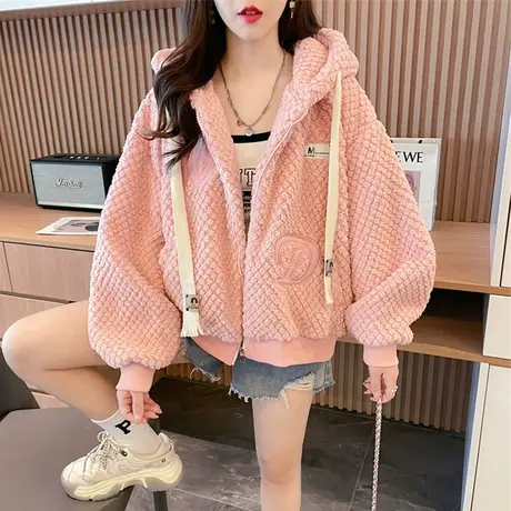 羊羔毛外套女秋冬韩版宽松大码加绒加厚小个子保暖毛茸茸开衫卫衣商品大图