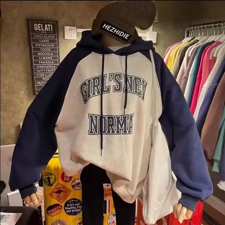 撞色字母印花带帽衫卫衣长袖女春秋装百搭宽松显瘦学生薄款上衣服商品大图