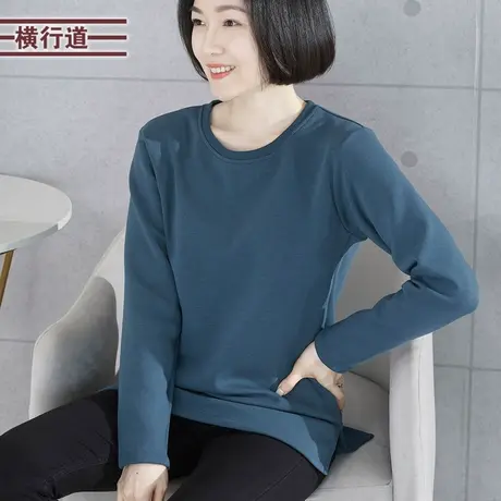 2024春季圆领加绒加厚宽松中长款胖MM中年妈妈长袖T恤女保暖上衣商品大图