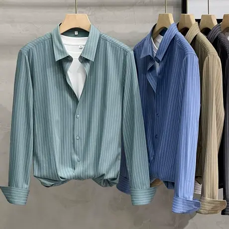 无缝衬衫男高级感商务免烫条纹修身潮流男士衬衣长袖春秋2023新款商品大图