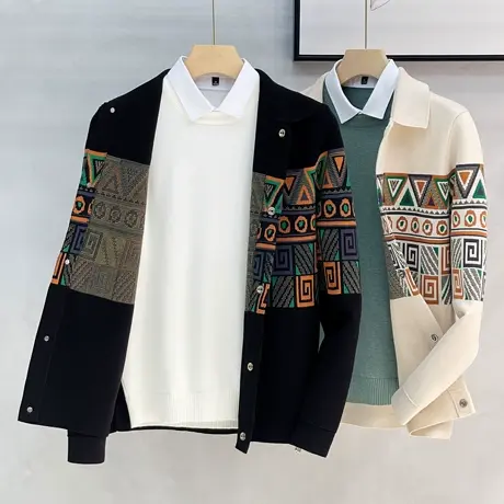 线条提花拼接开衫毛衣外套男秋季针织衫夹克潮流商务休闲外穿线衣图片