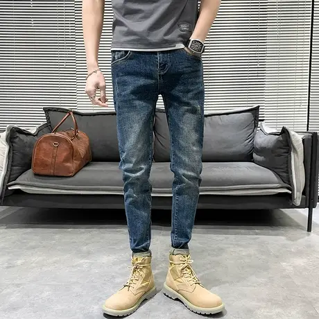 2023四季百搭潮牌牛仔裤男韩版简约修身小脚裤男青年弹力猫爪长裤图片