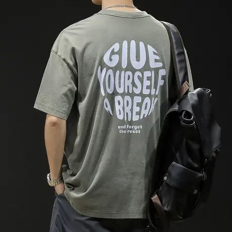 水洗短袖t恤男士宽松大码潮牌夏季2024新款纯棉男装圆领体恤男款商品大图