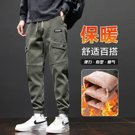 军绿色设计感冬季男生加绒束脚休闲裤子秋冬款保暖工装2024年新款商品大图