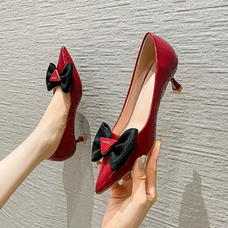 酒红色高跟鞋女细跟2024年春季新款性感尖头蝴蝶结百搭仙女风单鞋图片