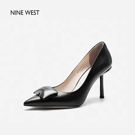 Nine West/玖熙胎牛皮烤漆饰扣高跟鞋2024年春季新款奶油椎跟单鞋图片