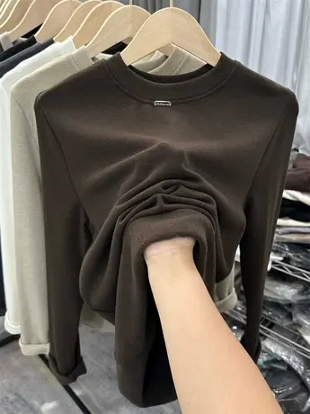 软糯秋冬新款加绒加厚外穿圆领百搭T恤女长袖洋气内搭打底衫大码商品大图
