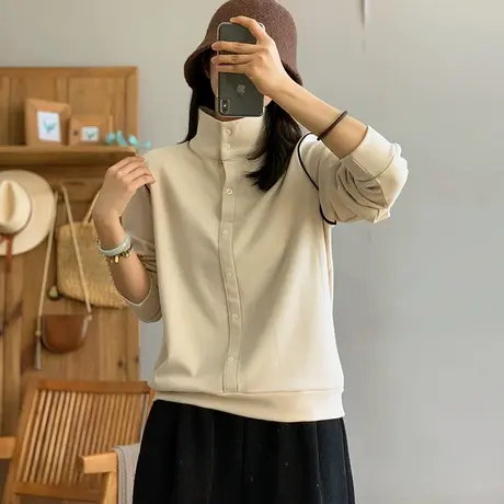 dza复古短款双面绒高领长袖T恤女秋冬内搭打底衫宽松加绒纽扣上衣商品大图