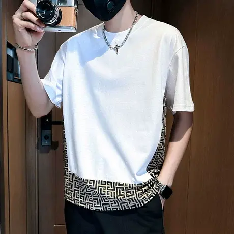 短袖t恤男夏季新款时尚个性印花假两件设计潮男痞帅半袖潮牌体恤商品大图