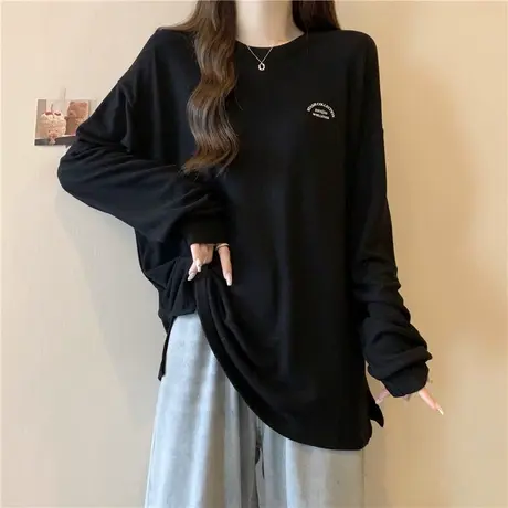 德绒打底衫女内搭秋冬加绒加厚长袖T恤中长款宽松开叉下摆上衣潮图片