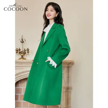 MISSCOCOON绿色毛呢外套女2022新款冬季通勤宽松长款过膝羊毛大衣商品大图