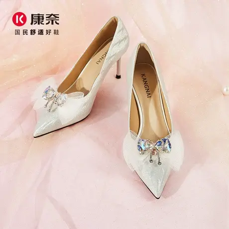 康奈细跟高跟鞋优雅女鞋2025春季新款气质婚鞋新娘婚庆女鞋蝴蝶结商品大图