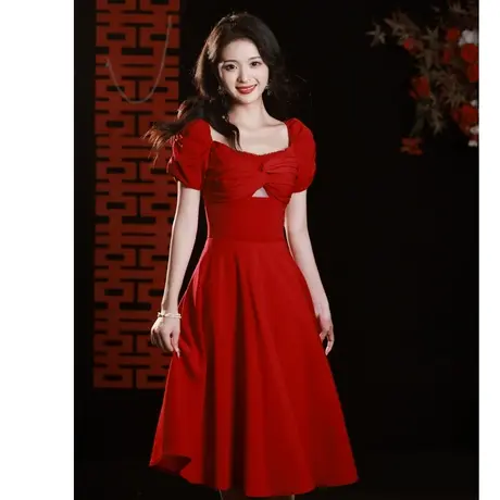 敬酒服2024新款新娘法式方领设计感回门订婚礼服女夏季红色连衣裙商品大图