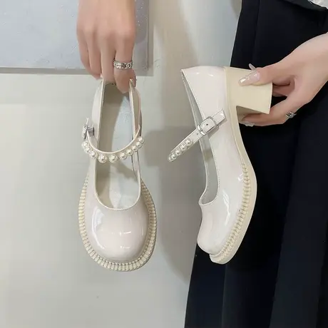 白色玛丽珍鞋复古粗跟2024新款法式中跟单鞋一字扣珍珠温柔小皮鞋商品大图