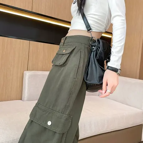 军绿色工装牛仔裤女2024新款春秋小个子高腰直筒显瘦窄版阔腿裤图片