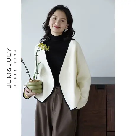 嘉茱莉2025早春新款撞色包边针织开衫外套女蝙蝠袖宽松V领针织衫商品大图