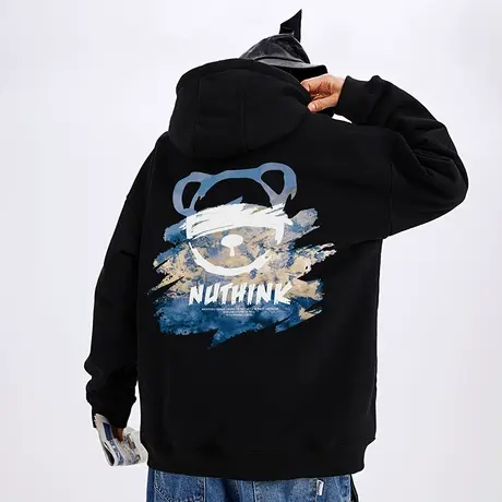 Nuthink国潮趣味小熊连帽卫衣男潮牌ins加绒oversize大码情侣外套商品大图