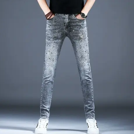 春秋烫钻烟灰色牛仔裤子男款炸街痞帅高级感2024新款美式高街长裤商品大图